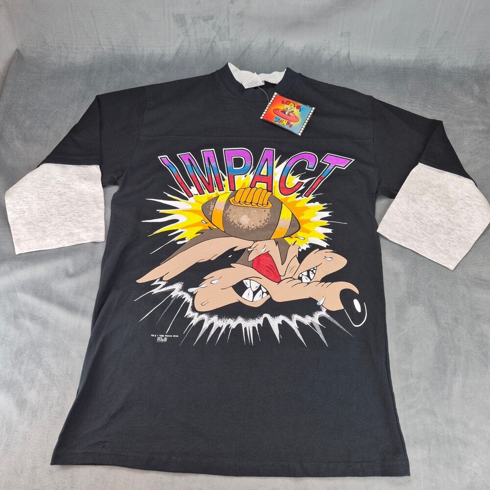 Vtg 1995 Looney Tunes Wile E Coyote Impact Double Sided 3/4 sleeve T-shirt Sz L